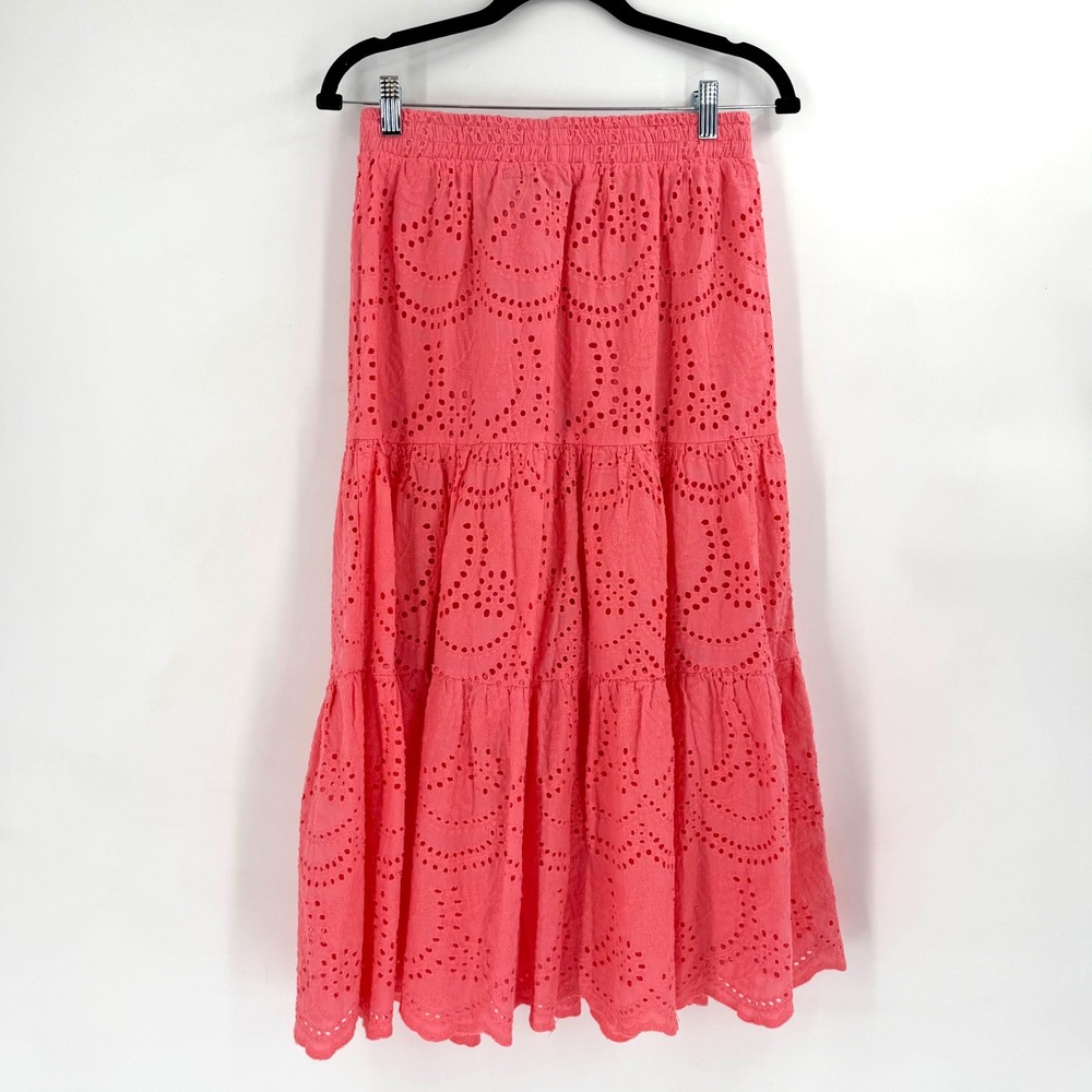AQUA Eyelet Midi Skirt Womens S Pink Tiered Cotton Smocked Boho Cottagecore - Picture 7 of 10